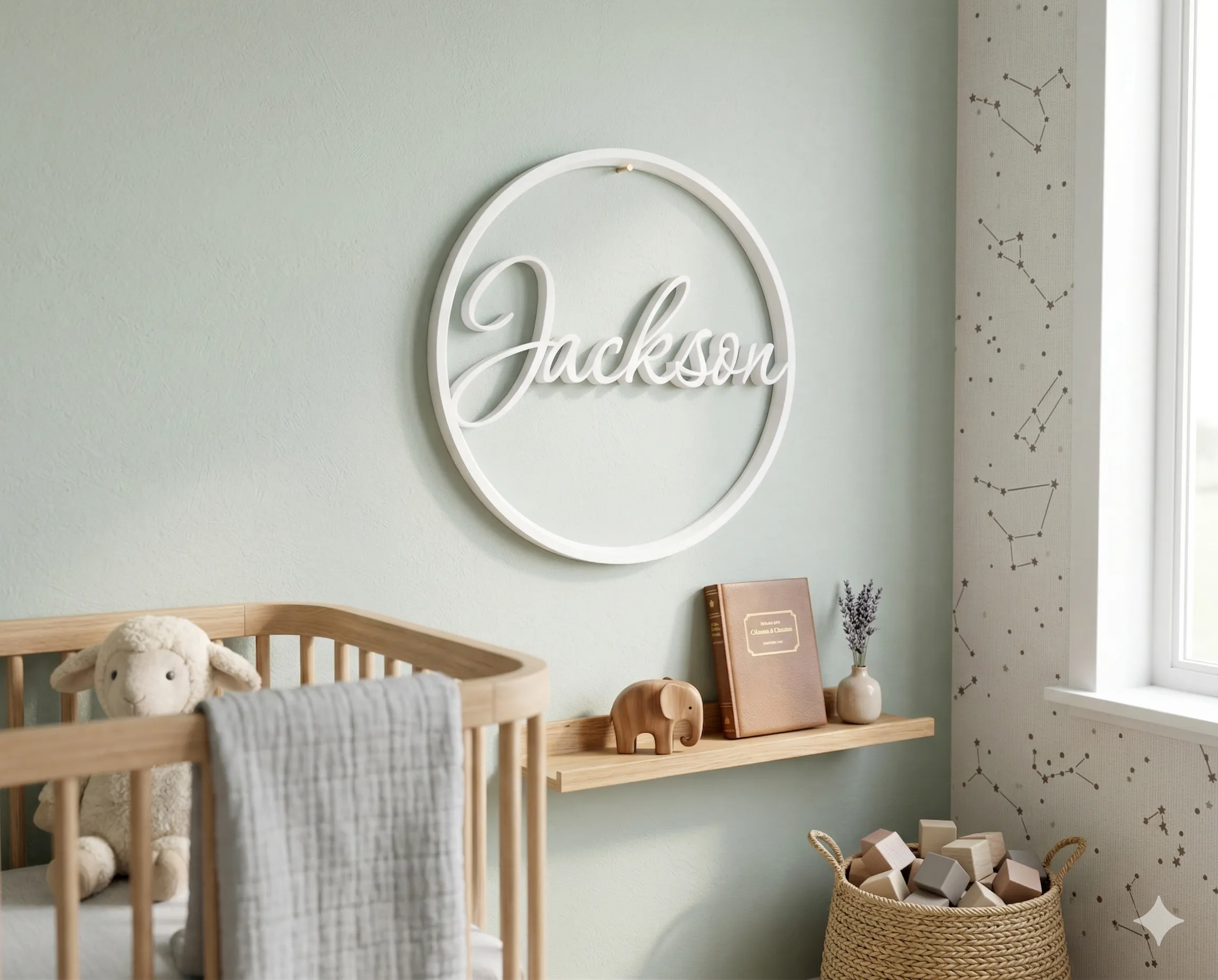 3D-gedrucktes Kreis-Namensschild mit 'Jackson' an einer salbeigrünen Kinderzimmerwand über einem Holzbettchen